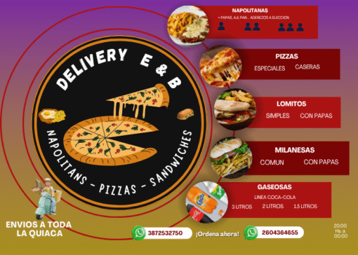 Menú Delivery E&B en La Quiaca con napolitanas, pizzas, lomitos, milanesas y envío a domicilio.